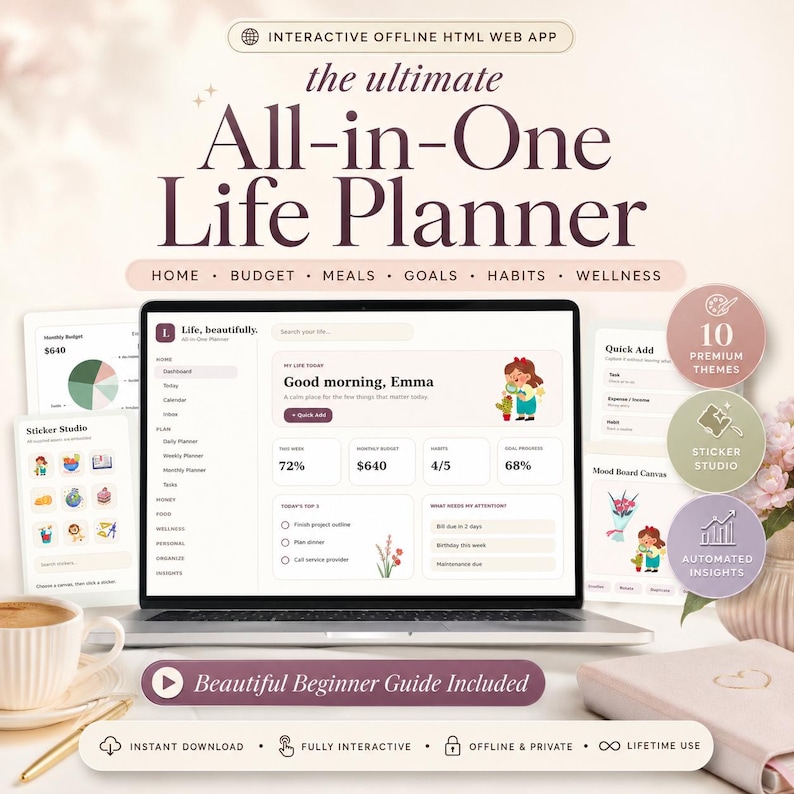 May include: An interactive offline HTML web app titled The Ultimate All-in-One Life Planner. The interface displays a dashboard with sections for budget, meals, goals, habits, and wellness, featuring a digital planner layout with charts and icons.