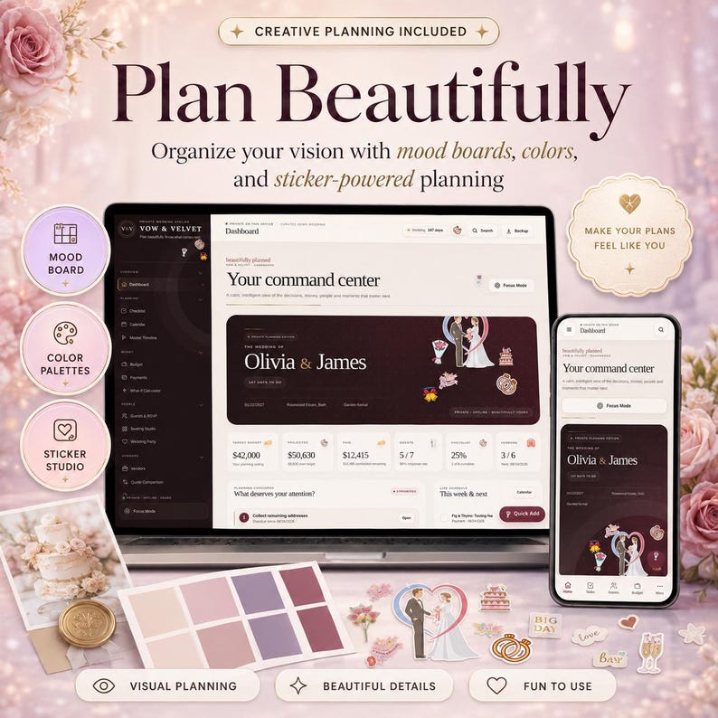 K&ouml;nnte beinhalten: Eine digitale Hochzeitsplanungs-Oberfl&auml;che auf einem Laptop- und Smartphone-Bildschirm mit dem Text Plan Beautifully, Your command center und Olivia & James. Enth&auml;lt Moodboard-Symbole, Farbpaletten und verschiedene Aufkleber mit Hochzeitsthemen.