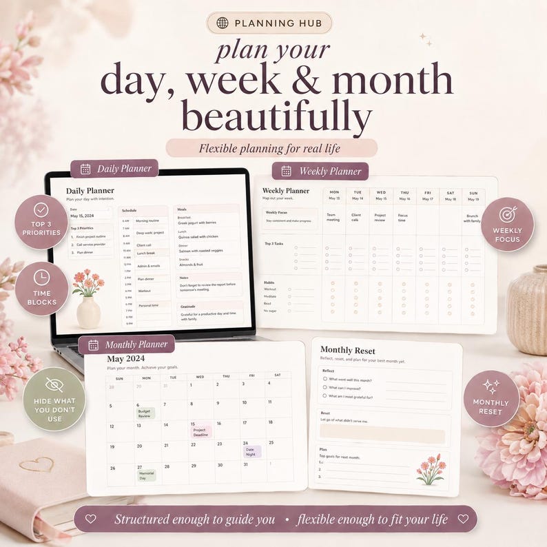 May include: A digital planning system featuring a daily planner on a laptop screen, a weekly planner, a monthly planner, and a monthly reset page. The text includes 'PLANNING HUB', 'plan your day, week & month beautifully', and 'Flexible planning for real life'.