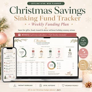 以下が含まれることがあります： クリスマスの貯蓄と積立金のためのオフラインHTMLウェブプランナー。デジタルダッシュボードには、週ごとの資金計画、ギフトトラッカー、追いつき計算機が表示され、ノートパソコンの画面とモバイルインターフェースの両方で、進捗バーとクリスマスまでのカウントダウンが確認できます。