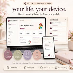 May include: A digital planner interface displayed on a laptop and smartphone screen. The dashboard shows text including Life, beautifully, Good morning, Emma, and various task lists. Four circular icons highlight offline, backup, print, and mobile features.