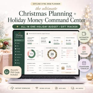 May include: An offline HTML web planner displayed on a laptop screen titled Christmas Planning + Holiday Money Command Center. The interface features a dashboard with budget overviews, gift trackers, a countdown to Christmas, and task checklists.