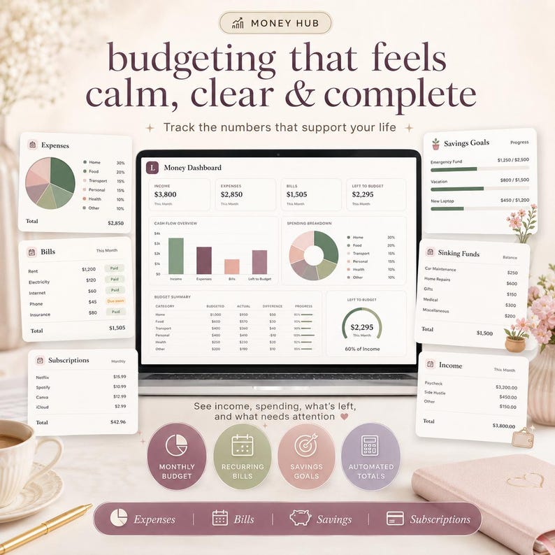May include: A digital money dashboard displayed on a laptop screen, featuring charts, budget summaries, and financial tracking modules for expenses, bills, savings goals, and subscriptions. The interface uses a soft color palette with text overlays.