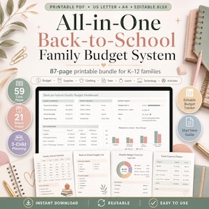 Könnte beinhalten: Ein All-in-One-Budgetsystem für Familien zum Schulanfang, druckbares Paket für K-12-Familien. Das Display zeigt ein Dashboard mit Familienübersicht, Budgetstatus und Kategorien. Enthält Wochenplan, Materialliste und Budgetplaner.