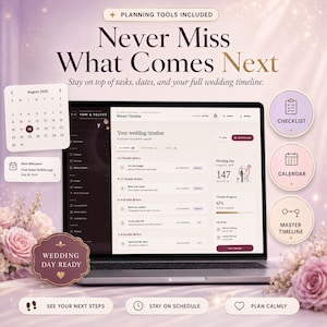 K&ouml;nnte beinhalten: Ein Laptop zeigt ein Hochzeitsplanungs-Dashboard mit dem Titel Master Timeline, Aufgabenlisten, einem Countdown und Fortschrittsbalken. Erg&auml;nzt durch einen Kalender f&uuml;r August 2026 sowie kreisf&ouml;rmige Symbole f&uuml;r Checkliste und Zeitplan.