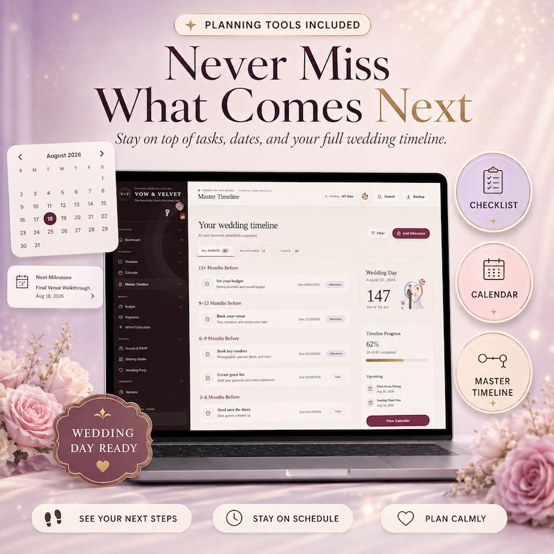 K&ouml;nnte beinhalten: Ein Laptop zeigt ein Hochzeitsplanungs-Dashboard mit dem Titel Master Timeline, Aufgabenlisten, einem Countdown und Fortschrittsbalken. Erg&auml;nzt durch einen Kalender f&uuml;r August 2026 sowie kreisf&ouml;rmige Symbole f&uuml;r Checkliste und Zeitplan.