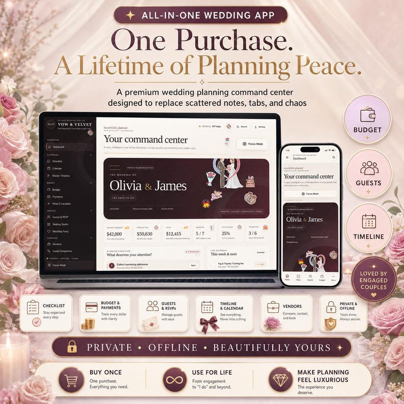 K&ouml;nnte beinhalten: Eine digitale Hochzeitsplanungs-App auf einem Laptop- und Smartphone-Bildschirm. Die Benutzeroberfl&auml;che zeigt den Text 'Vow & Velvet', 'One Purchase. A Lifetime of Planning Peace' und 'Your command center'. Enth&auml;lt Symbole f&uuml;r Budget, G&auml;ste und Zeitplan.