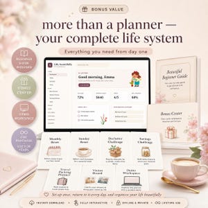 May include: A digital life planner system displayed on a laptop screen, accompanied by a beginner guide, bonus center cards, and task cards for monthly resets, decluttering, and savings. The interface features text like Life, beautifully and Good morning, Emma.