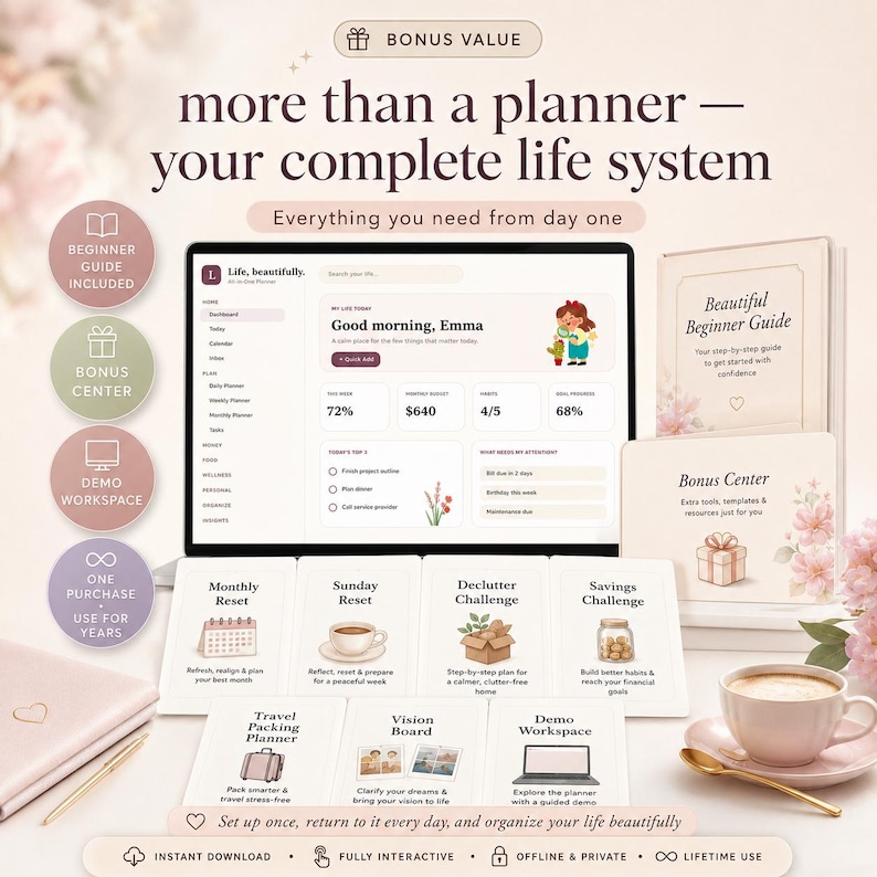May include: A digital life planner system displayed on a laptop screen, accompanied by a beginner guide, bonus center cards, and task cards for monthly resets, decluttering, and savings. The interface features text like Life, beautifully and Good morning, Emma.
