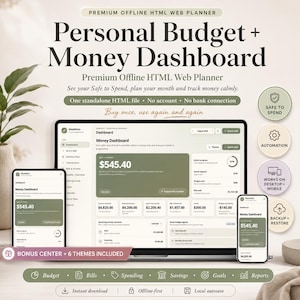 Puede incluir: Un planificador de presupuesto personal y panel de control financiero digital mostrado en una computadora portátil y dos dispositivos móviles. La interfaz presenta tonos verdes y blancos con datos financieros y el texto Premium Offline HTML Web Planner.