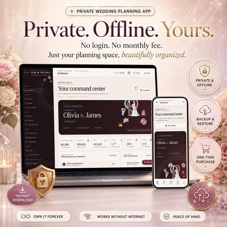 K&ouml;nnte beinhalten: Ein Laptop und ein Smartphone mit der Benutzeroberfl&auml;che der Hochzeitsplanungs-App Vow & Velvet. Der Bildschirm zeigt ein Dashboard mit dem Text 'Your command center' und 'The wedding of Olivia & James'. Enth&auml;lt Symbole f&uuml;r privat und offline.