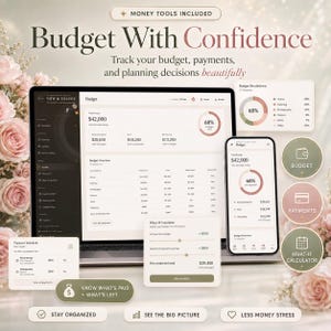 K&ouml;nnte beinhalten: Ein digitaler Hochzeitsbudgetplaner auf einem Laptop- und Smartphone-Bildschirm mit Diagrammen, Zahlungspl&auml;nen und einem Was-w&auml;re-wenn-Rechner. Die Benutzeroberfl&auml;che zeigt Text wie Budget With Confidence, Money Tools Included und verschiedene Finanzdaten.