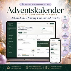 Könnte beinhalten: Ein digitaler Urlaubs-Countdown-Planer auf einem Laptop- und Smartphone-Bildschirm. Die Benutzeroberfläche zeigt ein Dashboard mit Fortschrittsbalken, Aufgabenlisten und einem Countdown bis Weihnachten in Dunkelgrün und Weiß.