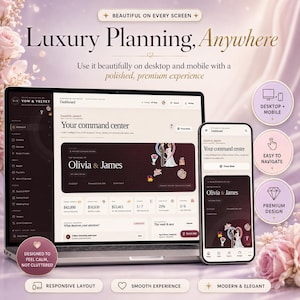 K&ouml;nnte beinhalten: Ein digitales Hochzeitsplanungs-Dashboard auf einem Laptop- und Smartphone-Bildschirm. Die Benutzeroberfl&auml;che zeigt den Text 'Vow & Velvet', 'Your command center' und 'The Wedding of Olivia & James' mit Budget- und Zeitplanungs-Tools.