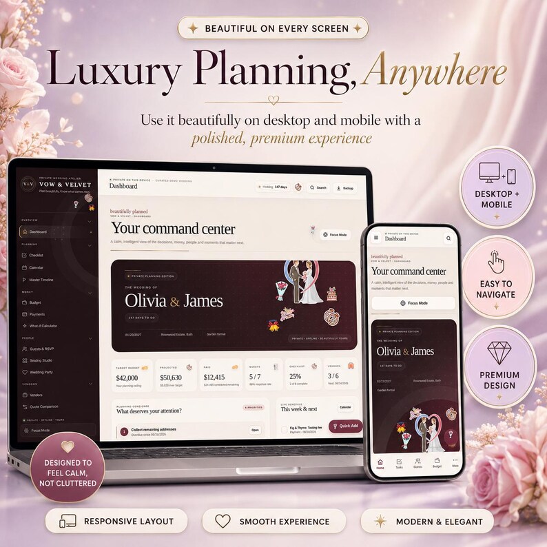 K&ouml;nnte beinhalten: Ein digitales Hochzeitsplanungs-Dashboard auf einem Laptop- und Smartphone-Bildschirm. Die Benutzeroberfl&auml;che zeigt den Text 'Vow & Velvet', 'Your command center' und 'The Wedding of Olivia & James' mit Budget- und Zeitplanungs-Tools.