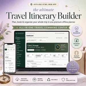 Travel Itinerary Planner, Offline HTML Web App, Booking Command Center, Itenary Template, Trip Budget, Packing Checklist, Reusable Planner