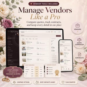 K&ouml;nnte beinhalten: Eine digitale Software-Schnittstelle zur Lieferantenverwaltung auf einem Laptop- und Smartphone-Bildschirm. Das Dashboard enth&auml;lt Text wie Manage Vendors Like a Pro, Vendor Tools Included, Quote Comparison und Contract Checklist.