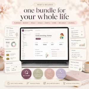 May include: A digital life planner displayed on a laptop screen, featuring sections for daily planning, budget, meals, goals, habits, home management, and journaling. The interface includes text labels like Life, beautifully, and Good morning, Emma.