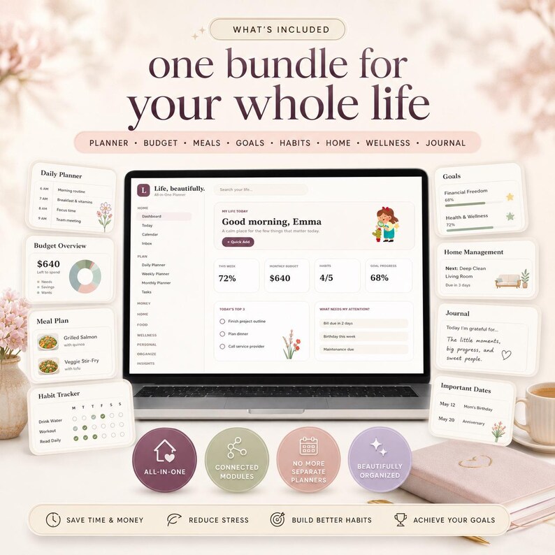 May include: A digital life planner displayed on a laptop screen, featuring sections for daily planning, budget, meals, goals, habits, home management, and journaling. The interface includes text labels like Life, beautifully, and Good morning, Emma.
