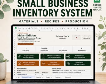 Strumento di monitoraggio dell'inventario per attività artigianali / Pianificatore di produzione, calcolo dei costi delle ricette e inventario dei materiali con Google Sheets