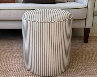 Handmade Upholstered Dressing Table Stool in Ticking Stripe | Round Footstool | Side Table | Drum Stool | Pouffe