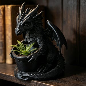 Op de afbeelding: Een zwart drakenbeeldje dat een kleine, ronde plantenpot vasthoudt. De draak heeft gedetailleerde schubben, puntige hoorns en gevouwen vleugels. Een kleine, felgroene varenplant groeit in de zwarte pot, die wordt vastgehouden door de klauwen van de draak.