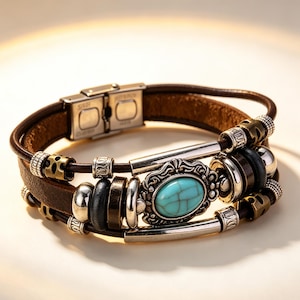 May include: A multi-strand brown leather bracelet featuring a central oval turquoise stone set in an ornate silver-tone frame. The design includes various metallic beads, dark spacers, and a rectangular silver-tone metal clasp closure.