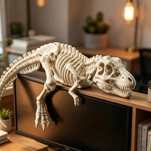 May include: A cream-colored dinosaur skeleton model featuring a detailed skull with sharp teeth, a segmented spinal column, and a long tail. The skeletal structure is positioned horizontally, with its limbs draped over the top edge of a black monitor.