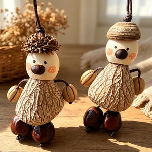 Può includere: Due ornamenti pendenti realizzati con materiali naturali. Ogni figura presenta una testa in legno chiaro con dettagli del viso dipinti, un corpo in guscio di noce testurizzato, piccole mani a forma di noce e piedi in semi marrone scuro.