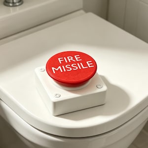 May include: A square white base with a large circular red button on top. The button features the white text FIRE MISSILE printed in a bold, sans-serif font. The device is constructed with four visible screws at the corners of the white housing.