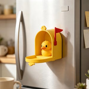 Puede incluir: Un imán de nevera con forma de buzón amarillo que contiene un pequeño pato de goma amarillo en su interior. El buzón tiene una bandera roja en el lateral y una puerta frontal abierta que forma una pequeña repisa. Diseño liso y acabado mate.