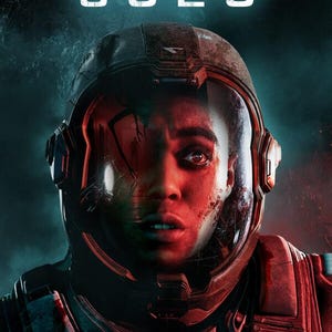 May include: A digital poster for Directive 8020 featuring a person wearing a weathered, dark grey space helmet with a clear visor. The person has a wide-eyed expression, illuminated by red and blue light, with a dark silhouette visible on the glass.