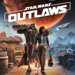 Könnte beinhalten: Ein Werbeplakat für Star Wars Outlaws mit einer menschlichen Figur und einem Droiden, die vorwärts gehen. Der Mensch trägt eine blaue Jacke und eine braune Hose und trägt eine Tasche. Der Droide trägt einen langen Mantel. Eine kleine Kreatur sitzt auf der Schulter.