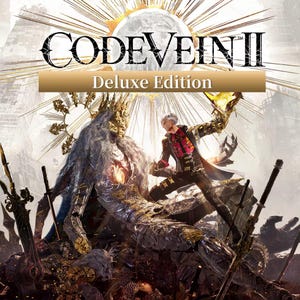 Könnte beinhalten: Das Cover des Videospiels Code Vein II Deluxe Edition zeigt eine zentrale Figur mit langem grauem Haar und goldener Krone, die einem Charakter in schwarz-roter Kleidung gegenübersteht. Der Hintergrund zeigt eine Sonne und Ruinen.
