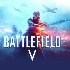 Può includere: Un'illustrazione digitale per il videogioco Battlefield V con una figura centrale che impugna un'arma da fuoco in mezzo a una caotica scena di battaglia con luci blu e arancioni, aerei e il testo Battlefield V visualizzato in bianco.