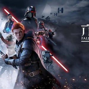 Peut inclure: Un visuel promotionnel pour le jeu vidéo Star Wars Jedi: Fallen Order montrant un personnage central tenant un sabre laser bleu brillant, entouré de diverses figures, d'un antagoniste en armure sombre et de marcheurs impériaux sur un ciel sombre.