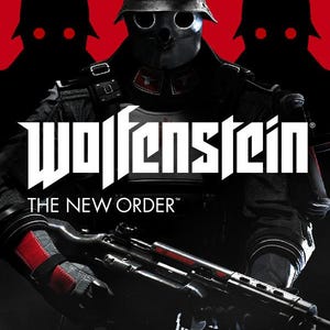 May include: A central figure wearing a dark helmet and a metallic mask with circular eye openings, holding a rifle with red accents. The text Wolfenstein The New Order is displayed in white. Two dark silhouettes with glowing red eyes flank the figure.