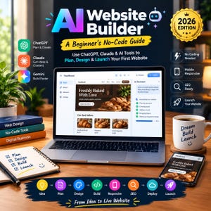 May include: A digital guide titled AI Website Builder 2026 Edition featuring a laptop displaying a website interface, a smartphone, a notebook with a checklist, and a mug with the text Dream Build Launch, all on a wooden desk surface.