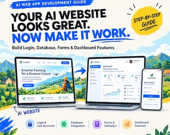 Puede incluir: Una guía de desarrollo de aplicaciones web con IA que muestra un portátil y un smartphone con el panel de control de GreenNest. El texto incluye: AI WEB APP DEVELOPMENT GUIDE, YOUR AI WEBSITE LOOKS GREAT. NOW MAKE IT WORK.
