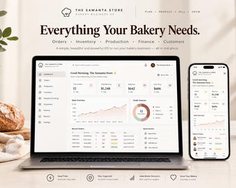 Puede incluir: Un ordenador portátil y un teléfono inteligente muestran el panel de control del sistema operativo para panaderías The Samanta Store. La pantalla presenta métricas de pedidos, ingresos, gastos y flujo de caja, junto a un gráfico de ventas.