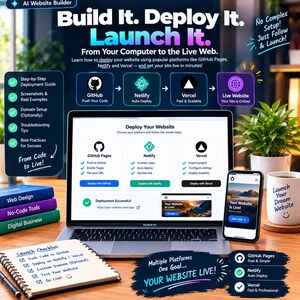 May include: A digital guide for website deployment featuring a laptop displaying a dashboard for GitHub Pages, Netlify, and Vercel. The image includes a smartphone, a notebook with a launch checklist, and text promoting website building and deployment.