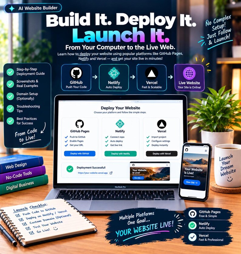 May include: A digital guide for website deployment featuring a laptop displaying a dashboard for GitHub Pages, Netlify, and Vercel. The image includes a smartphone, a notebook with a launch checklist, and text promoting website building and deployment.