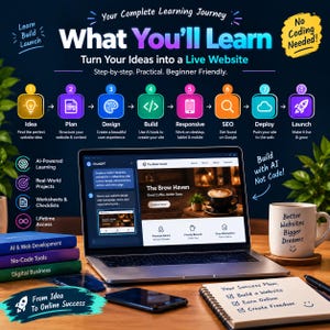 May include: An educational infographic titled What You'll Learn, detailing an eight-step website creation process from Idea to Launch. A laptop displays a website design, alongside a mug with the text Better Websites Bigger Dreams and a notebook with a checklist.