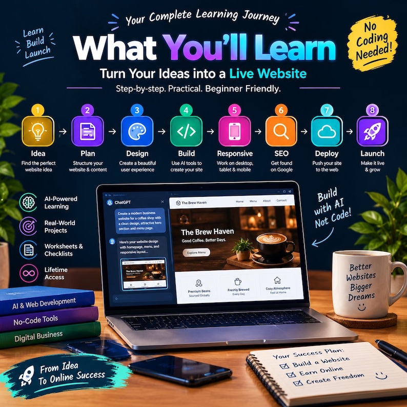 May include: An educational infographic titled What You'll Learn, detailing an eight-step website creation process from Idea to Launch. A laptop displays a website design, alongside a mug with the text Better Websites Bigger Dreams and a notebook with a checklist.