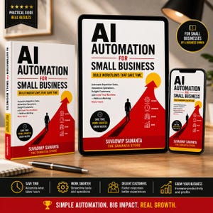May include: A book, a tablet, and a smartphone displaying the cover of AI Automation for Small Business by Suvadwip Samanta. The design features a red upward arrow, a silhouette of a person, and text detailing workflows, operations, and growth.