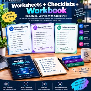 May include: A digital and physical website building kit featuring a Project Workbook, a spiral-bound Success Checklist, and three color-coded folders labeled Website Planning Worksheet, Launch Checklist, and Project Workbook with icons.