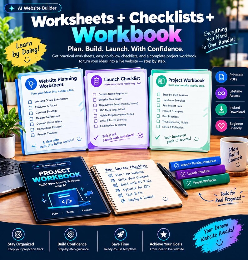 May include: A digital and physical website building kit featuring a Project Workbook, a spiral-bound Success Checklist, and three color-coded folders labeled Website Planning Worksheet, Launch Checklist, and Project Workbook with icons.