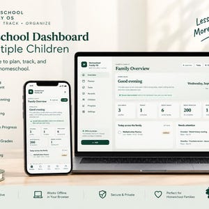 May include: A digital homeschool dashboard displayed on a laptop and smartphone screen. The interface features sections for family overview, weekly planning, task tracking, curriculum progress, records, grades, and a reading log. Text includes Homeschool Family OS, Less chaos. More learning., and Better Days Ahead.