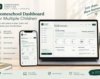 Puede incluir: Un panel digital de educación en casa mostrado en una laptop y un teléfono inteligente. La interfaz incluye secciones para resumen familiar, planificación semanal, tareas, progreso, registros y lectura. El texto incluye Homeschool Family OS, Less chaos. More learning. y Better Days Ahead.