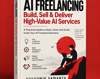 Puede incluir: Un libro de tapa dura titulado AI FREELANCING: Build, Sell & Deliver High-Value AI Services de Suvadwip Samanta. La cubierta blanca presenta texto negro, detalles en rojo y una ilustración de una persona usando una laptop en una montaña.